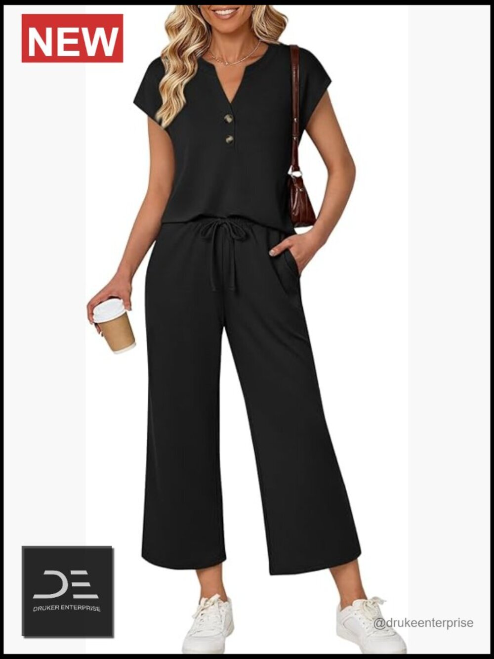 Two Piece Lounge Set V-Neck Top Wide Leg Pants Soft Knit Travel Outfits
